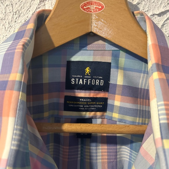 Men’s Stafford Travel Performance Super Plaid Long Sleeve Shirt Blue Purple - Picture 2 of 5